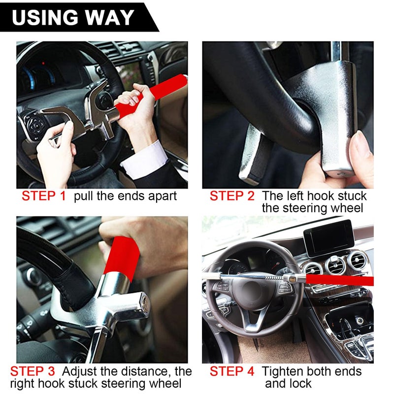 Tevlaphee Steering Wheel Lock for Cars,Wheel Lock,Vehicle Anti-Theft Lock,Adjustable Length Clamp Double Hook Universal Fit Emergency Hammer Window Breaker Self Defense Heavy Duty Secure - Image 5